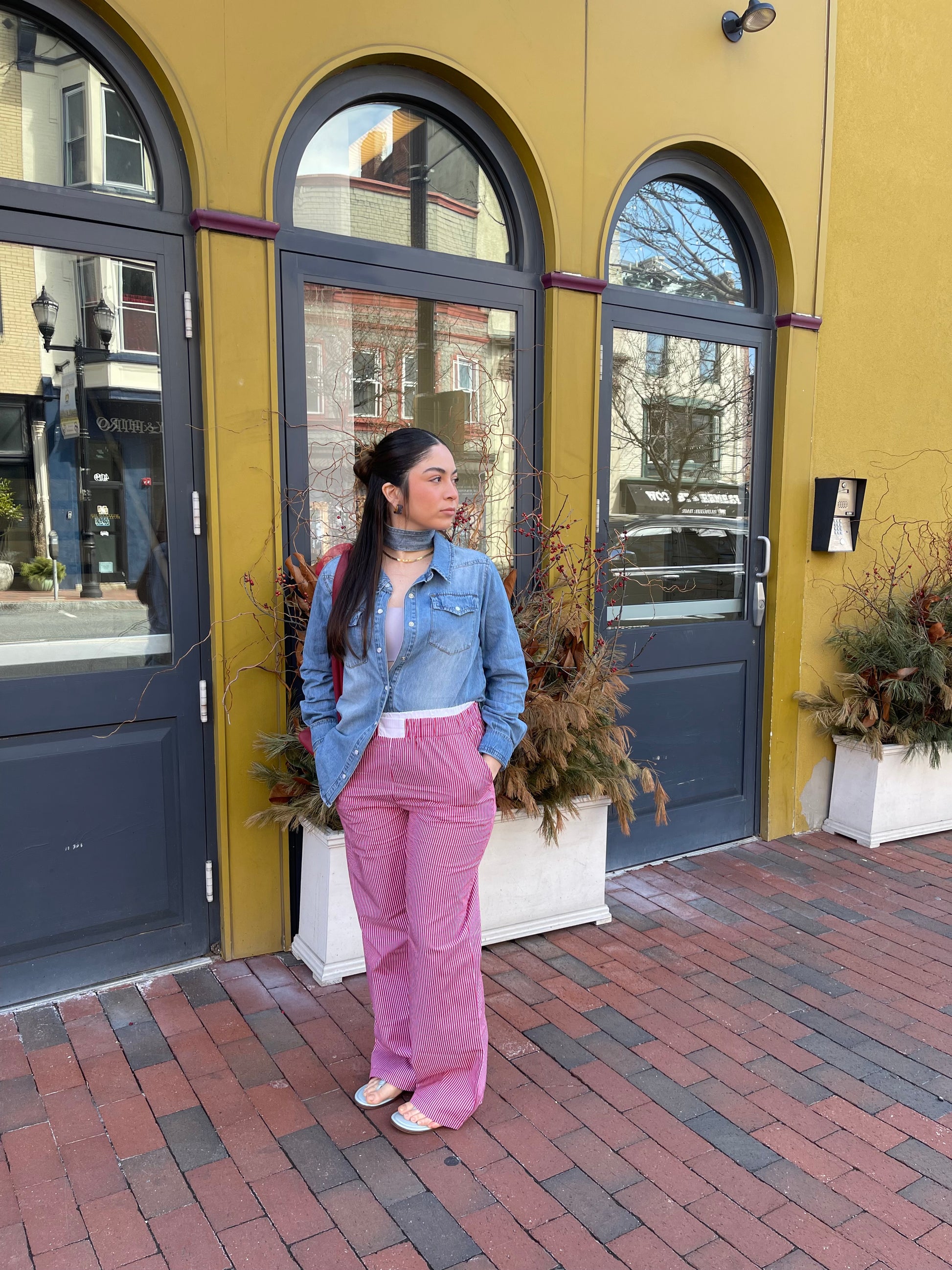 Get relaxed in these red 100% Cotton pants, giving you a boxer style with a white contrast waist. This mid-rise pants features deep pockets with an inseam of 28" and rise of 12" 
